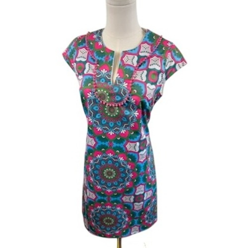 Jade Melody Scuba Tam Women's Dress Colorful Print Pom Pom Trim Size Small - Picture 1 of 7